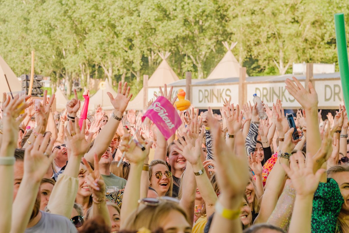 A festival crowd with their hands in the air